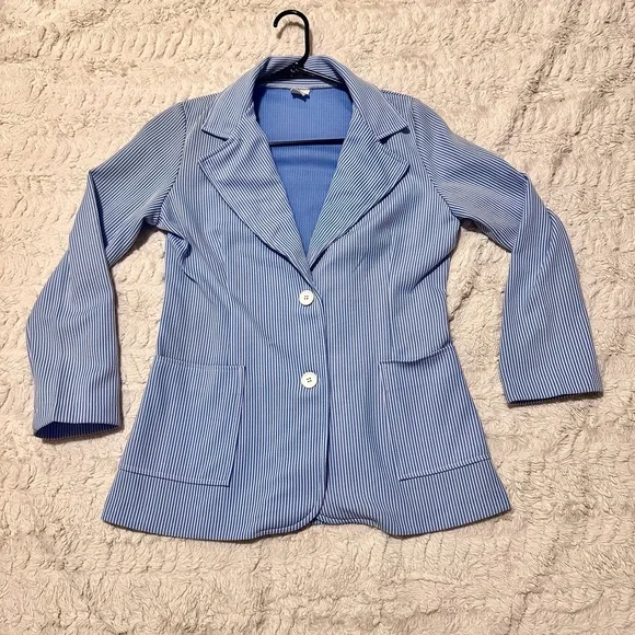 Vintage Blue & White Pinstripe Women’s Blazer Size 14 Fits Modern M Classic - Picture 1 of 6
